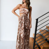 Paisley Print Cut Out Midi Dress - Brown