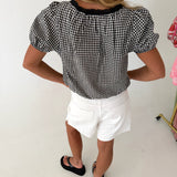 Casey Floral Embroidered Gingham Puff Sleeve Top - Black/White Gingham