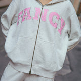 (PREORDER) Double Zipper Hoodie - Heather Grey/ Pink Polka