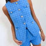 Skylar Textured Button Down Vest And Shorts - Blue