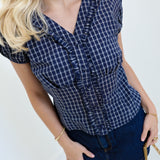 Claire Cotton V-neck Top With Short Sleeves - Navy Cream Check