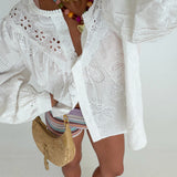 Avery Eyelet Cotton Long Sleeve Blouse - Off White