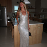 Sara Sequins Halter Maxi Dress - Champagne