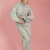 Fancy Oversized Fleece Embroidered Rolled Neck - Light Grey Heather