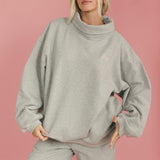 Fancy Oversized Fleece Embroidered Rolled Neck - Light Grey Heather