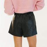 Logan Pleated Leather Shorts - Black