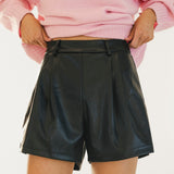 Logan Pleated Leather Shorts - Black