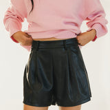 Logan Pleated Leather Shorts - Black