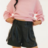 Logan Pleated Leather Shorts - Black