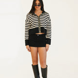 Striped Button-Up Sailor Collar Sweater - Black