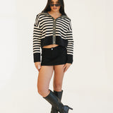 Striped Button-Up Sailor Collar Sweater - Black