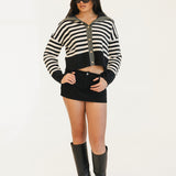 Striped Button-Up Sailor Collar Sweater - Black