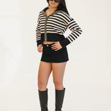Striped Button-Up Sailor Collar Sweater - Black