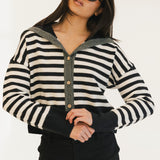 Striped Button-Up Sailor Collar Sweater - Black
