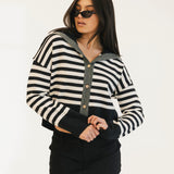 Striped Button-Up Sailor Collar Sweater - Black