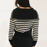 Striped Button-Up Sailor Collar Sweater - Black