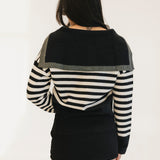 Striped Button-Up Sailor Collar Sweater - Black