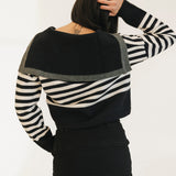 Striped Button-Up Sailor Collar Sweater - Black