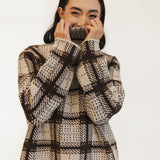 Paisley Plaid High Neck Knit Sweater - Brown
