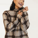 Paisley Plaid High Neck Knit Sweater - Brown