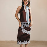 Lacey Lace Trim Tie Top And Skirt Set - Brown/Blue