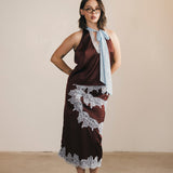 Lacey Lace Trim Tie Top And Skirt Set - Brown/Blue