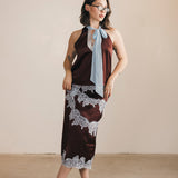 Lacey Lace Trim Tie Top And Skirt Set - Brown/Blue