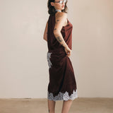 Lacey Lace Trim Tie Top And Skirt Set - Brown/Blue