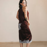 Lacey Lace Trim Tie Top And Skirt Set - Brown/Blue