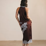 Lacey Lace Trim Tie Top And Skirt Set - Brown/Blue