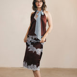 Lacey Lace Trim Tie Top And Skirt Set - Brown/Blue