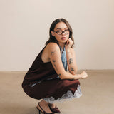 Lacey Lace Trim Tie Top And Skirt Set - Brown/Blue