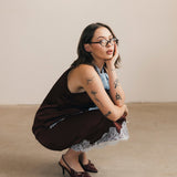 Lacey Lace Trim Tie Top And Skirt Set - Brown/Blue