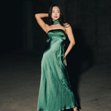Nikki Halter Satin Maxi Dress - Forest Green