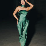 Nikki Halter Satin Maxi Dress - Forest Green
