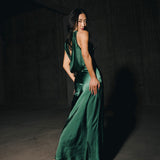Nikki Halter Satin Maxi Dress - Forest Green
