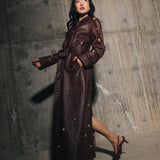 Studded Faux Leather Trench Coat  - Mulberry/ Mixed Metal Studs