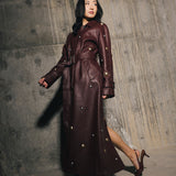 Studded Faux Leather Trench Coat  - Mulberry/ Mixed Metal Studs