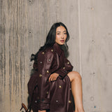 Studded Faux Leather Trench Coat  - Mulberry/ Mixed Metal Studs