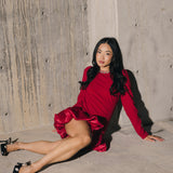 Jewel-Embellished Puff-Sleeve Bubble Mini Dress - Ruby