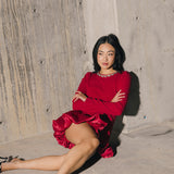 Jewel-Embellished Puff-Sleeve Bubble Mini Dress - Ruby