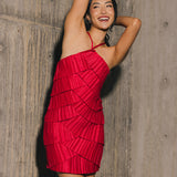 Farrah Pleated Satin Tiered Mini  Dress - Raspberry