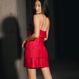Farrah Pleated Satin Tiered Mini  Dress - Raspberry