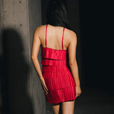 Farrah Pleated Satin Tiered Mini  Dress - Raspberry