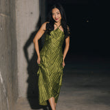 Demi Pleated Satin Tiered Midi Dress - Forest Green