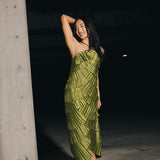 Demi Pleated Satin Tiered Midi Dress - Forest Green