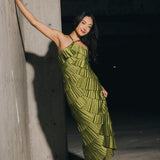 Demi Pleated Satin Tiered Midi Dress - Forest Green