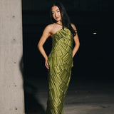 Demi Pleated Satin Tiered Midi Dress - Forest Green