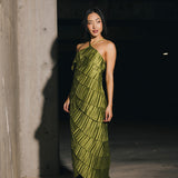 Demi Pleated Satin Tiered Midi Dress - Forest Green