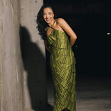 Demi Pleated Satin Tiered Midi Dress - Forest Green
